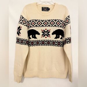 Men's Cream Sweater with Black and Red Pattern. 100% Cotton. Size L